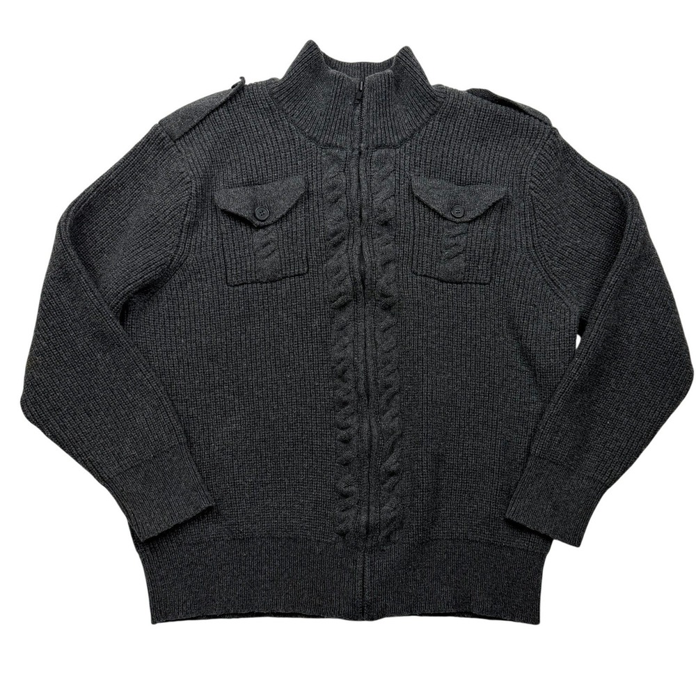 Y2K Structure Gray Cable Knit Military Full Zip Sweater Men's L Wool Blend